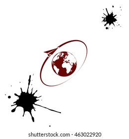 Airplane fly around the planet Earth. Logo.