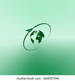 Airplane fly around the planet Earth. Logo.