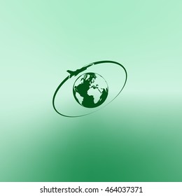 Airplane fly around the planet Earth. Logo.