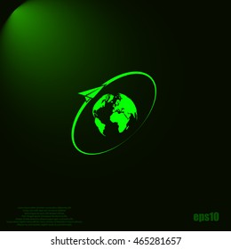 Airplane fly around the planet Earth. Logo.