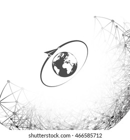 Airplane fly around the planet Earth. Logo.