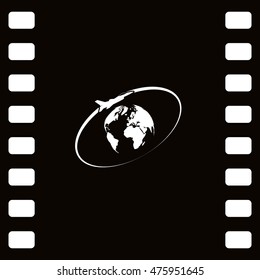 Airplane fly around the planet Earth. Logo.