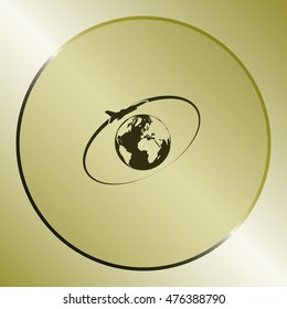 Airplane fly around the planet Earth. Logo.