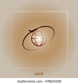 Airplane fly around the planet Earth. Logo.