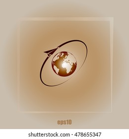 Airplane fly around the planet Earth. Logo.