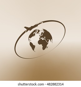 Airplane fly around the planet Earth. Logo.