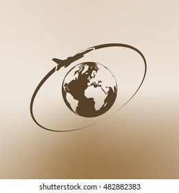 Airplane fly around the planet Earth. Logo.