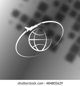 Airplane fly around the planet Earth. Logo.