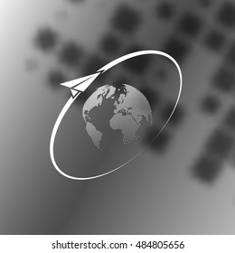 Airplane fly around the planet Earth. Logo.