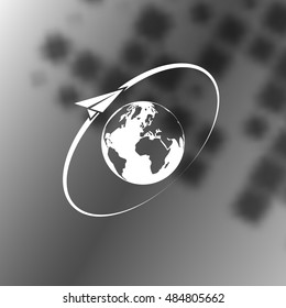 Airplane fly around the planet Earth. Logo.