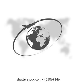 Airplane fly around the planet Earth. Logo.