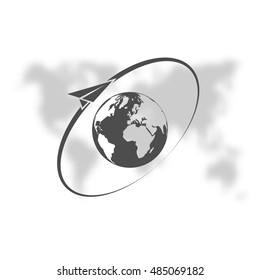 Airplane fly around the planet Earth. Logo.