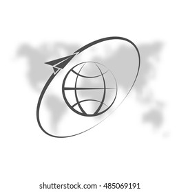 Airplane fly around the planet Earth. Logo.