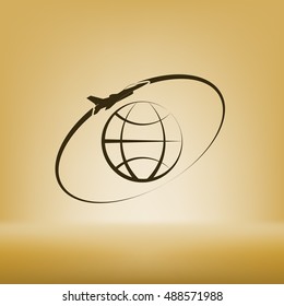 Airplane fly around the planet Earth. Logo.