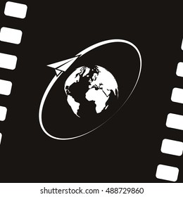Airplane fly around the planet Earth. Logo.