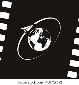 Airplane fly around the planet Earth. Logo.