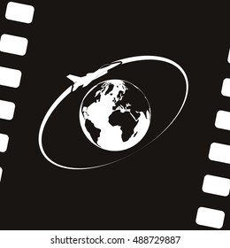 Airplane fly around the planet Earth. Logo.