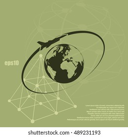 Airplane fly around the planet Earth. Logo.