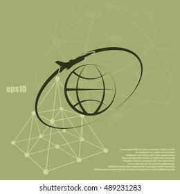 Airplane fly around the planet Earth. Logo.