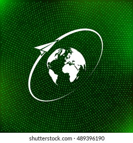 Airplane fly around the planet Earth. Logo.