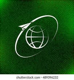 Airplane fly around the planet Earth. Logo.