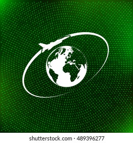 Airplane fly around the planet Earth. Logo.