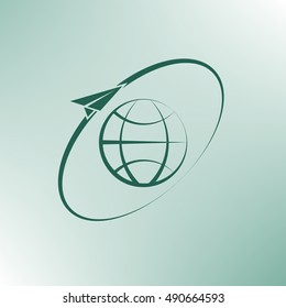 Airplane fly around the planet Earth. Logo.