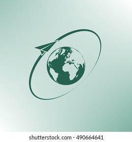 Airplane fly around the planet Earth. Logo.