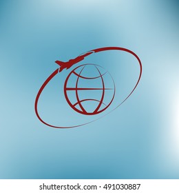 Airplane fly around the planet Earth. Logo.