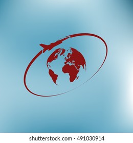 Airplane fly around the planet Earth. Logo.