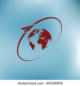 Airplane fly around the planet Earth. Logo.