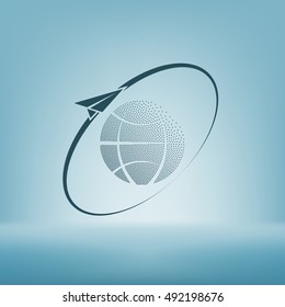 Airplane fly around the planet Earth. Logo.