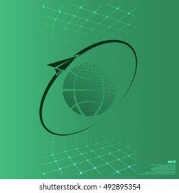 Airplane fly around the planet Earth. Logo.