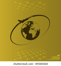 Airplane fly around the planet Earth. Logo.
