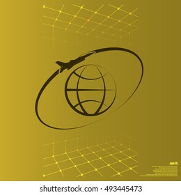 Airplane fly around the planet Earth. Logo.