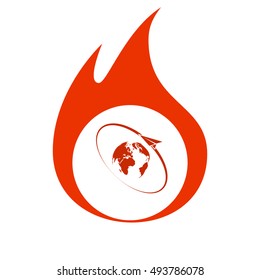 Airplane fly around the planet Earth. Logo.