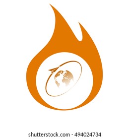 Airplane fly around the planet Earth. Logo.