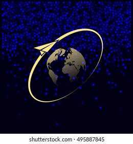Airplane fly around the planet Earth. Logo.