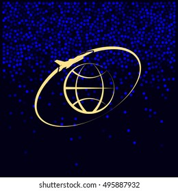 Airplane fly around the planet Earth. Logo.