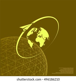 Airplane fly around the planet Earth. Logo.