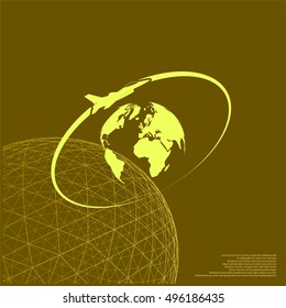 Airplane fly around the planet Earth. Logo.