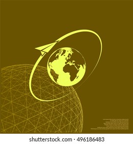 Airplane fly around the planet Earth. Logo.