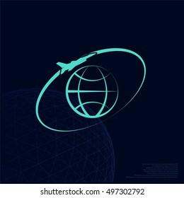 Airplane fly around the planet Earth. Logo.