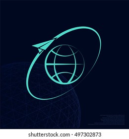 Airplane fly around the planet Earth. Logo.