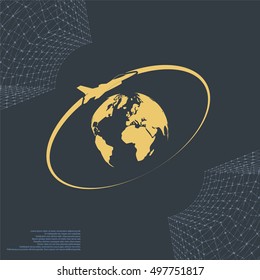 Airplane fly around the planet Earth. Logo.
