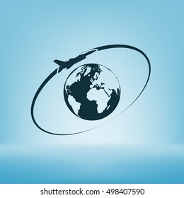 Airplane fly around the planet Earth. Logo.
