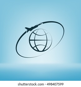 Airplane fly around the planet Earth. Logo.