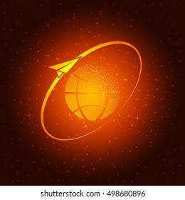 Airplane fly around the planet Earth. Logo.