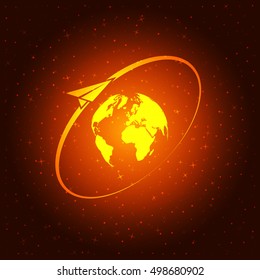 Airplane fly around the planet Earth. Logo.
