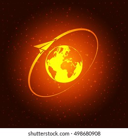 Airplane fly around the planet Earth. Logo.